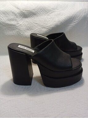 Steve Madden Womens Black Chunky Platform Open-Toe Leather Mules Size 9.5M